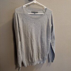 Gray crew neck sweater with lace elbow pads